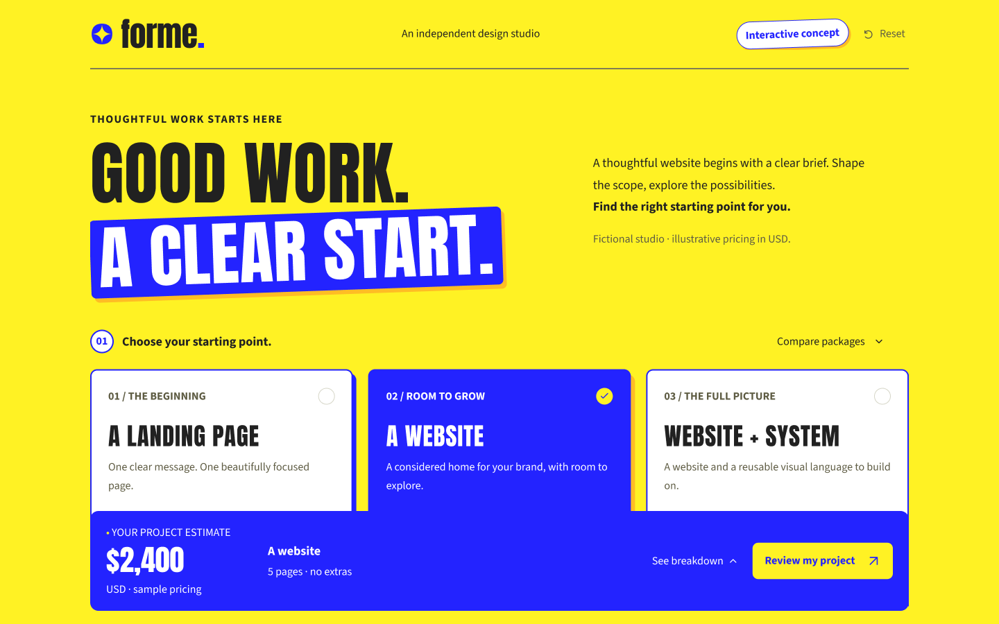 Forme desktop Figma screen: bold yellow and blue typography, three project packages and a fixed estimate bar
