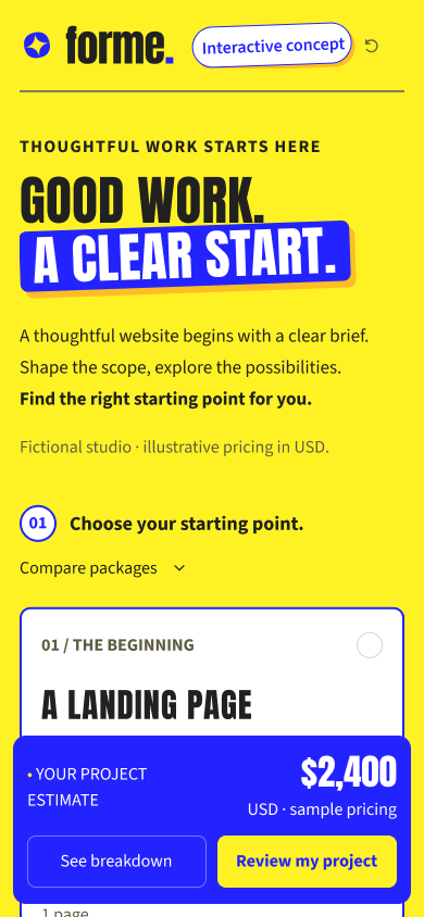 Forme mobile Figma screen with stacked content and the estimate and review button fixed at the bottom