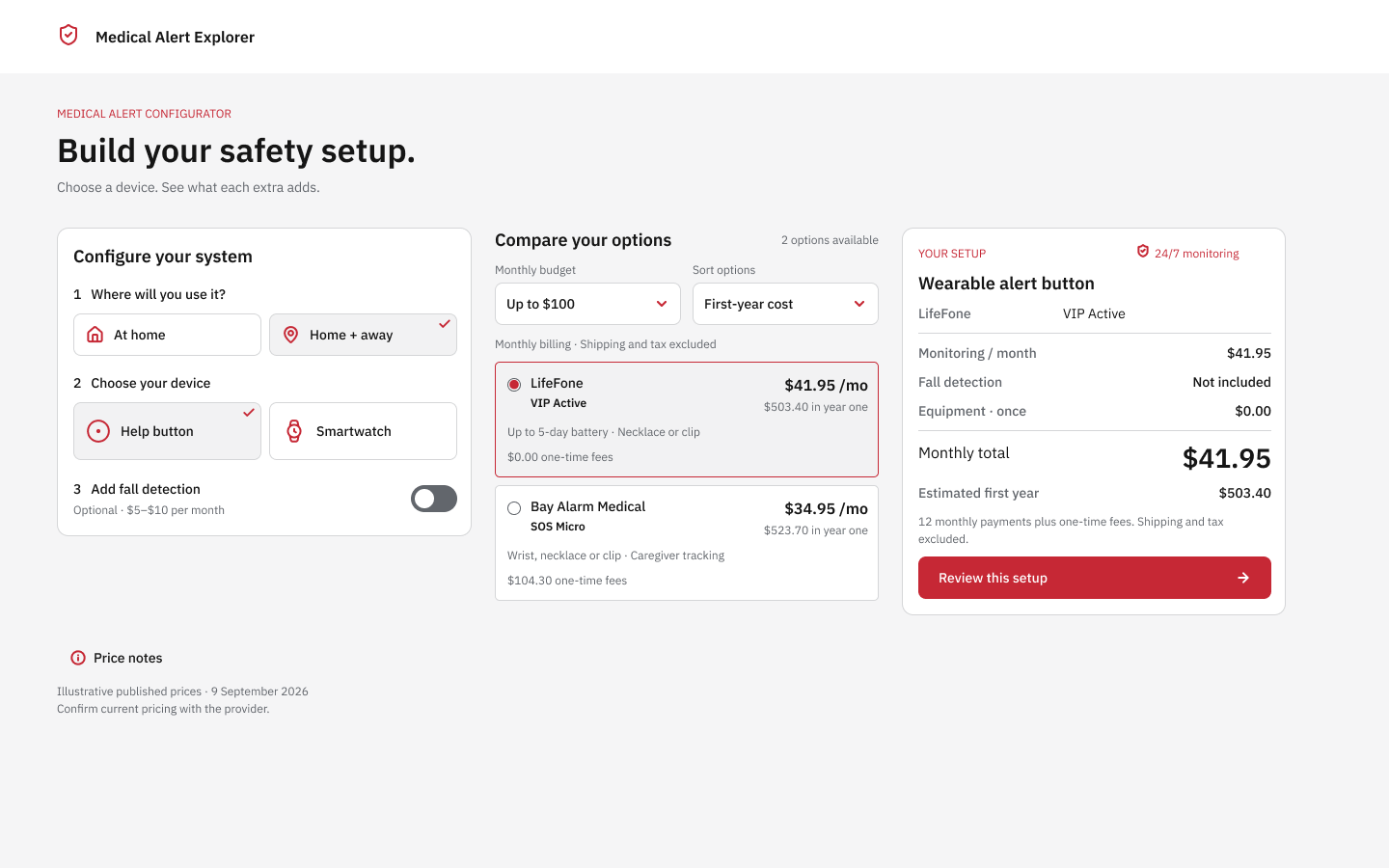 Desktop medical-alert configurator with settings, provider comparison and an itemised cost summary in three columns.