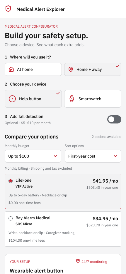Mobile medical-alert configurator with coverage choices, device icons, fall detection and provider cards in a single column.