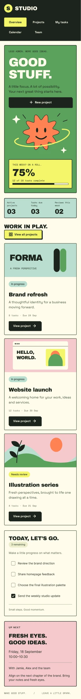 Before: a large welcome illustration and project cards precede the task list.