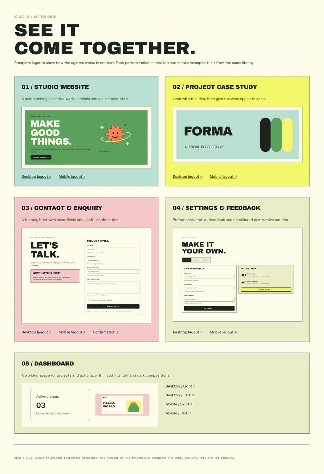 Native previews of the studio website, project case study, contact form, settings screen and dashboard.